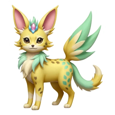 Epic complex detailed pastel minty green, pastel beige yellow pastel realistic aesthetic-scenic-Fakémon-Zorua-Litten-Leafeon-Sylveon-Trico-Sergal-Serval-Vernid-creature (full body) with far wings, shiny sparkly fairycore theme  sticker