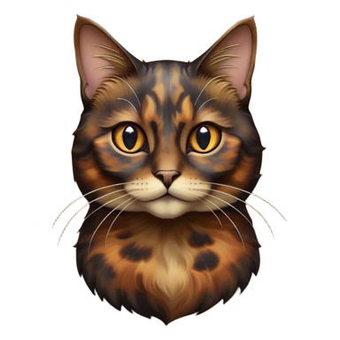 Cinematic Noble Tortoiseshell Cat Portrait Emoji, Poised and dignified, showcasing a luxurious, mottled fur of rich browns and blacks, with elegantly arched whiskers and a determined yet gentle expression, simplified yet meticulously detailed, glowing with a subtle, regal radiance, high shine, embodying quiet nobility and refined charm, soft glowing outline, capturing the essence of a sophisticated tortoiseshell cat exuding quiet authority! sticker