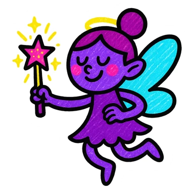 stylized purple fairy holding a glittering magic wand, cartoon logo, elegant and mature sticker