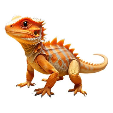 cinematic-bearded-dragon-realistic-full-body-standing on all fours-emoji,-rough-scaled-body-balanced-on-strong-legs,-spiky-throat-slightly-flared,-head-tilted-dramatically,-warm-orange-and-brown-patterns-glowing-under-the-sun,-simplified-yet-realistic-focused-features,-highly-detailed,-glowing-with-an-almost-sarcastic-glow sticker