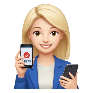 3D emoji style sticker, confident young woman, white background, smiling, holding a smartphone with IELTS result screen showing Overall 8.0, acceptance letter from a European university visible, calm confident energy, soft lighting, minimalistic, clean astrology emoji style sticker
