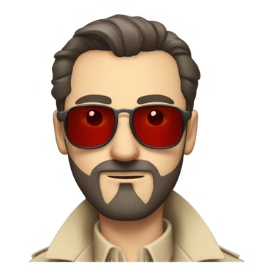1930s investigator, a Caucasian man with short, dark hair and a rough beard, wears small red-tinted sunglasses and a dirty beige trench coat. He has a serious demeanor. sticker