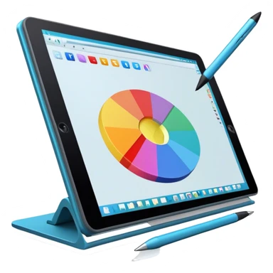 Create an emoji for 3D visualization and modeling. Show a large graphic tablet with a stylus drawing in a 3D modeling program. The 3D model on the screen should appear to protrude out of the screen. Use modern, professional colors. Make the background transparent. sticker