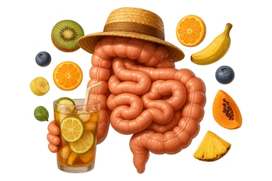 EMOJI STILE IPHONE DI INTESTINO UMANO REALISTICO CON CAPPELLO DI PAGLIA DA SPIAGGIA CHE BEVE UN Tè FREDDO IN BICCHIERE DI VETRO CON DENTRO  fette di cetriolo, limone, lime, DIETRO L'INTESTINO FLUTTUANO PEZZETTI DI Kiwi
Banana acerba
Arance e mandarini
Mirtilli
Ananas
Papaya
IPERREALISTICO 4K sticker