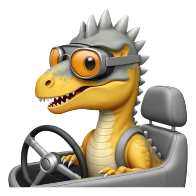 Dinosaurio  gris subido en un carro blanco tecnológico con lentes de realidad virtual sticker