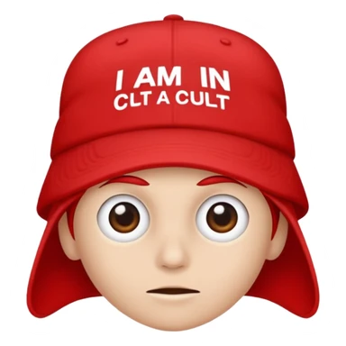Red cap with no person wearing it that says "I AM IN A CULT" in white text sticker