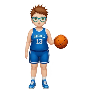 Full Body white chubby Girl with basketball spikey short brown hair  wearing blue glasses with green eyes sticker
