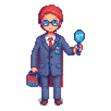 A secret agent holding a magnifying glass and code cards, spy theme, detective style, mysterious atmosphere, red and blue color scheme sticker