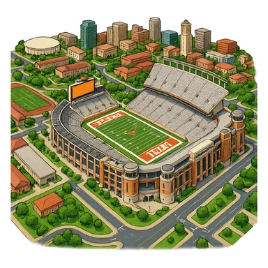 Изометричная, яркая, детализированная и фотореалистичная иллюстрация стадиона Darrell K Royal–Texas Memorial Stadium в стиле 3D-коллажей городов, насыщенные цвета, аккуратные и чёткие линии, мультяшно-реалистичная стилистика. Чёткие контуры, прозрачный фон, высокое качество. sticker
