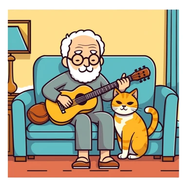  old blind man playing ￼guitar  on the couch ￼with his ￼golden cat  sticker
