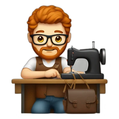 Red smooth haired man with beard and glasses sewing a leather bag by hand sticker