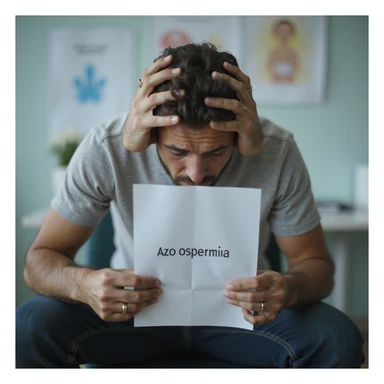 hyperrealistic 4K image of a man in his 30s sitting in a urologist's office, holding semen analysis paper with 'azoospermia' visible, head in hands, devastated expression, fertility posters on wall, clinical setting sticker