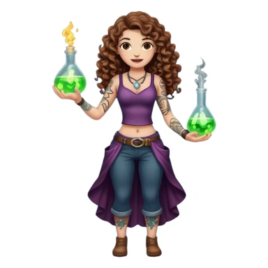 full body view of a woman with long curly brown hair, brown eyes, white skin, tattoos, holding a glowing potion flask at hip level, playful dangerous smile sticker