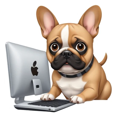 Fawn Frenchie with black muzzle working behind computer sticker