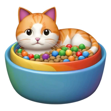 cute cat food bowl with white food inside, the food is piled on top of the bowl where it is so full. Make the kibble in the food bowl white with rainbow pieces sticker