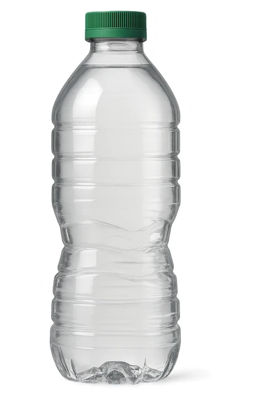 a clear plastic water bottle with a green cap, no label, inspired by Poland Spring, transparent, simple design sticker