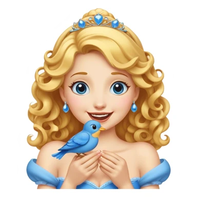 Cinematic Adorable Cinderella Portrait Emoji, Giggling softly while holding a tiny bluebird, golden curls bouncing, eyes sparkling with joy, wrapped in a soft golden glow, exuding warmth and charm, an irresistible blend of beauty and playfulness! sticker
