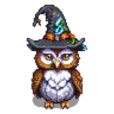 owl with a wizard hat pixel art sticker