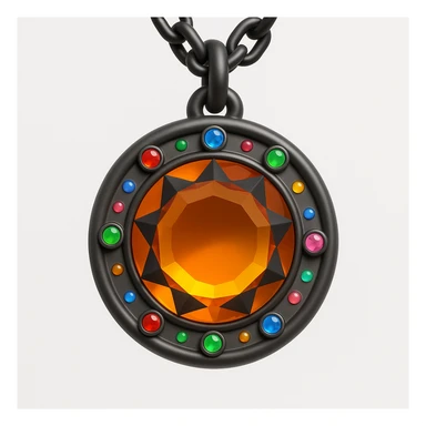 Transform this into a charm: add a black chain attached to the top and small colorful gemstone accents around the main amber gem, keep the 3D emoji style sticker