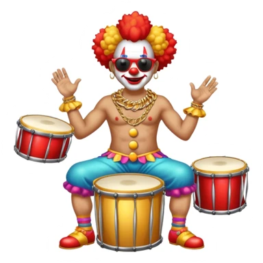 Clown with big golden chain on the neck wearing sunglasses plays drum kit full height sticker