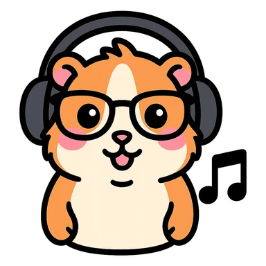 Make the guinea pig match the original reference: same face and glasses style, but wearing headphones and next to a music note for a music app, in a cute, outlined, colorful style. sticker