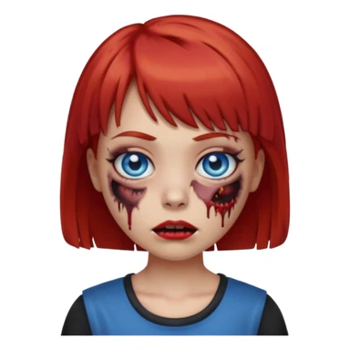 Zombie girl emoji with short red hair and bangs. Blue eyes, fair skin, and a black top. sticker