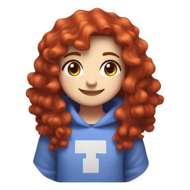 a white girl with long red curly hair and freckles, wearing periwinkle Minecraft hoodie playing a videogame smiling sticker
