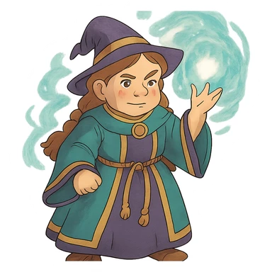 ghibli style female dwarf sorcerer from DnD, fantasy robes, magical aura sticker