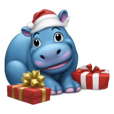 A blue hippo with a Christmas tree sticker