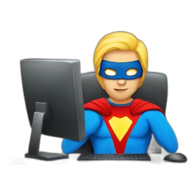 person at computer dressed as superhero sticker