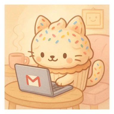 A cute cupcake-cat hybrid focused on her laptop, composing silly stories for her friends to enjoy via Gmail. The cat has a cupcake wrapper body, frosting ears, and sprinkles. The laptop shows a Gmail icon. The atmosphere is playful and charming. sticker