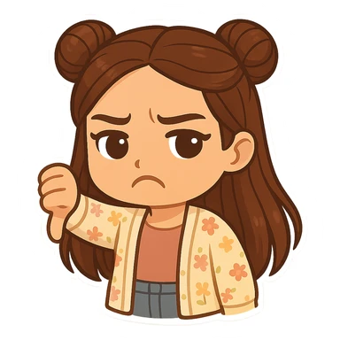 Create a chibi sticker of the girl from the reference image, showing a thumbs down and looking displeased. She has brown straight hair styled in double buns, brown eyes, wearing a pastel floral cardigan and jeans. The sticker should have a white outline and a transparent background, sized 512x512px. sticker