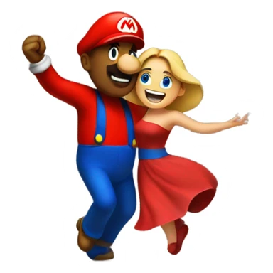 Woman dancing with a man wearing a giant Mario costume head sticker