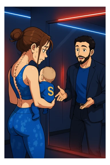 ispirati a questo stile di disegno e fai questa immagine in versione manga/webtoon a colori, il manga mostra la donna che si guarda alla specchio preoccupata di profilo con la postura sbagliata e incurvata, spalle chiuse e curve in avanti, con un neonato in braccio con una tutina azzurra e la scritta "S" sulla schiena, spina dorsale storta della donna in evidenza mentre al suo fianco anche l'uomo guarda la donna riflessa nello specchio e le spiega una cosa, ma non fare i fumetti, fai come se stessero parlando sticker