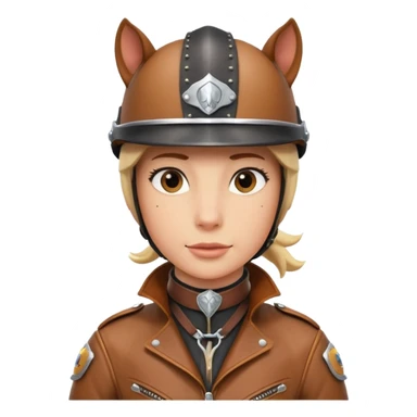 horse rider portrait, head and shoulders only, wearing riding helmet, leather jacket collar, confident expression, subtle horse tack strap visible, 3D cartoon, mobile game icon style, clean background, no text, no watermark
 sticker
