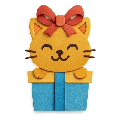 cat inside a gift box with a ribbon on head, smiling, paper-craft style sticker