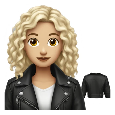 White girl, with long curly black hair, wearing leather jacket sticker