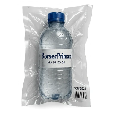 vacuum-sealed style bottle of water labeled 'BorsecPrimaru' sticker
