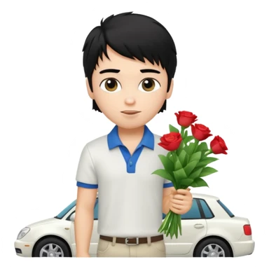 generate a pretty fair bratz boy with a messy mullet (black hair), wearing a white polo.  carrying a bouquet made of CASH. expensive car behind him sticker