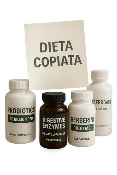 FOGLIO DI CARTA FLUTTUA IN ARIA CON LA SCRITTA "DIETA COPIATA", INSIEME A BARATTOLI DI INTEGRATORI PER CURARE IL SIBO IN ITALIANO, IPERREALISTICO 4K, NON DISEGNATO sticker