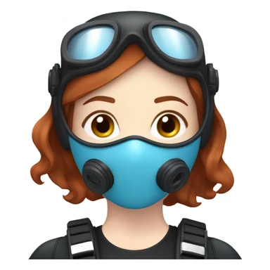 A young woman with red/ brown hair, blue eyes and pale skin in scuba diving gear with a light blue mask  sticker