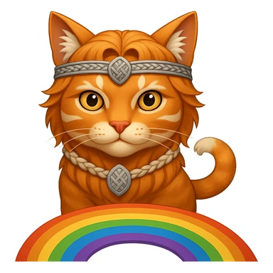 Add a rainbow bridge beneath the valorous Viking cat in Valhalla. Keep the background transparent. The style should match the original image's look and feel. sticker