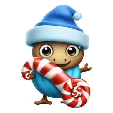 Snail wearing a blue hat holding a candy cane sticker
