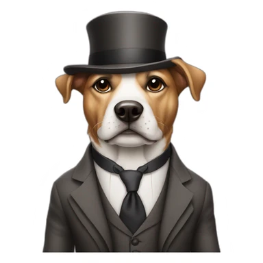 An old dog wearing a stylish suit and an elegant hat sticker