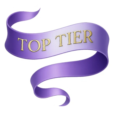 An elegant, flowing ribbon in a vibrant gradient of purple and silver, with the words 'TOP TIER' embossed in a sophisticated, slightly raised gold lettering, no background sticker