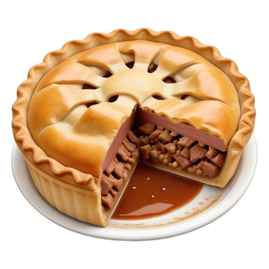 Cinematic Realistic Meat Pie Dish Emoji, showcasing a flaky pastry filled with rich, hearty meat gravy, rendered with lifelike detail and warm, inviting lighting. sticker