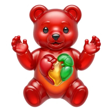 Multicolored Gummy bear holding one small gummy anatomically correct human heart  sticker