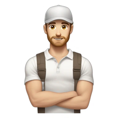 Pale skinned fit Man with dark brown hair in a light gray cap, dark brown jeans, brown polo and white T-shirt keeping a pasted with tape white box into his hands sticker