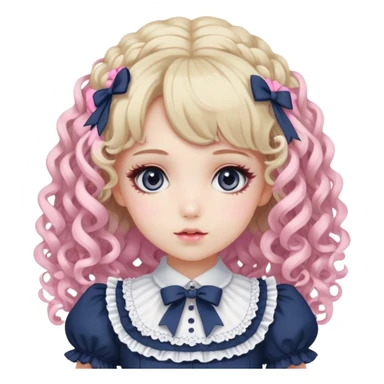Pale girl with curly blonde-pink hair, grey eyes, doll-like makeup, wearing a navy lolita hime gyaru dress emoji. sticker