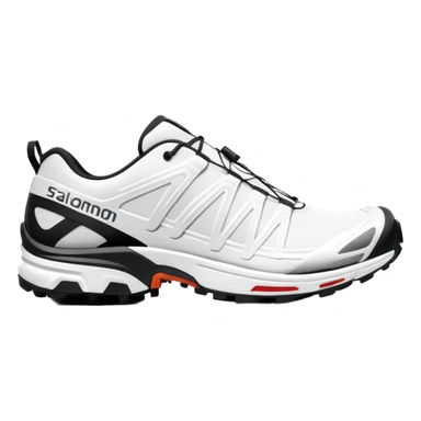 Ultra minimalist white Salomon XT-6 shoes, extremely simplified iOS emoji style, one behind the other, flat colors, very basic lines, essential details only, clean design sticker